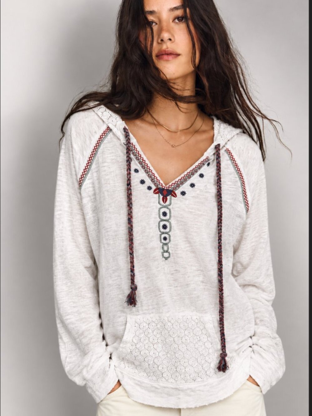 SHYANNE COTTON LACE TRIM EMBROIDERED HOODIE